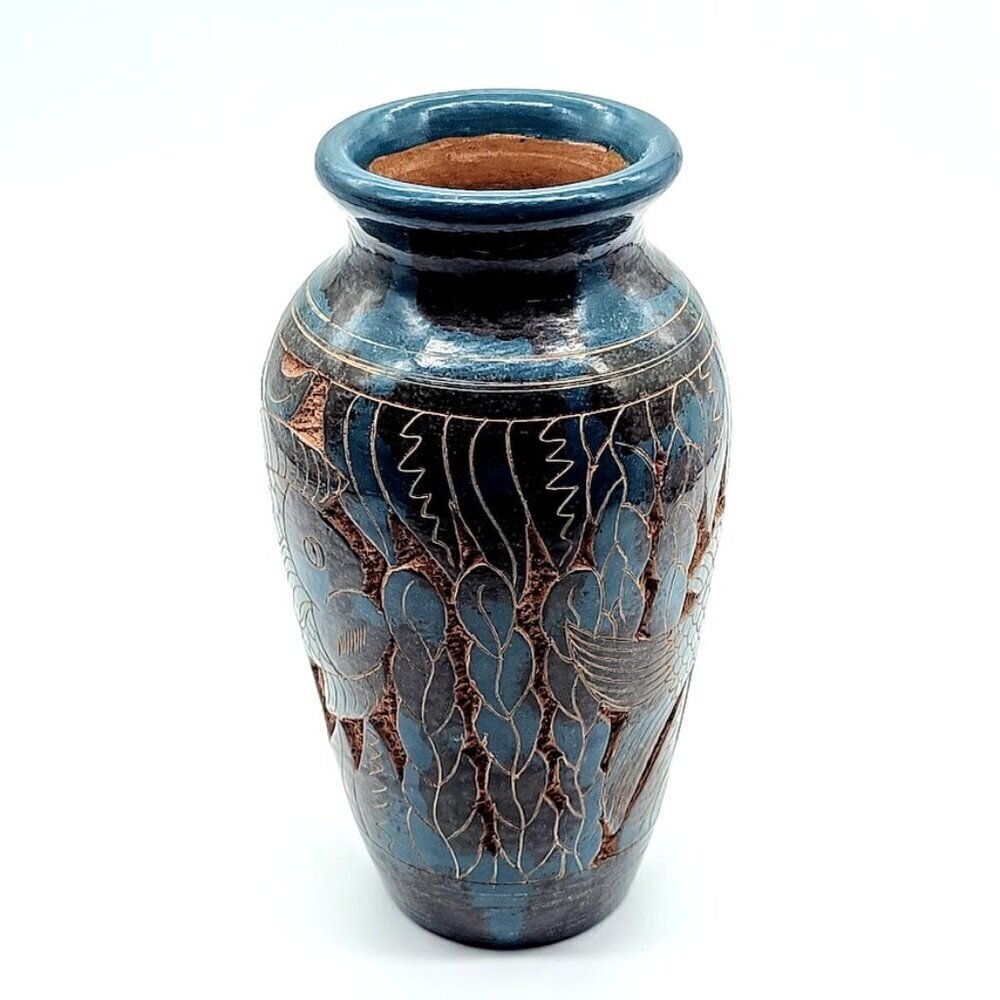 South American Handmade Artisan Signed Carved Fish Vase